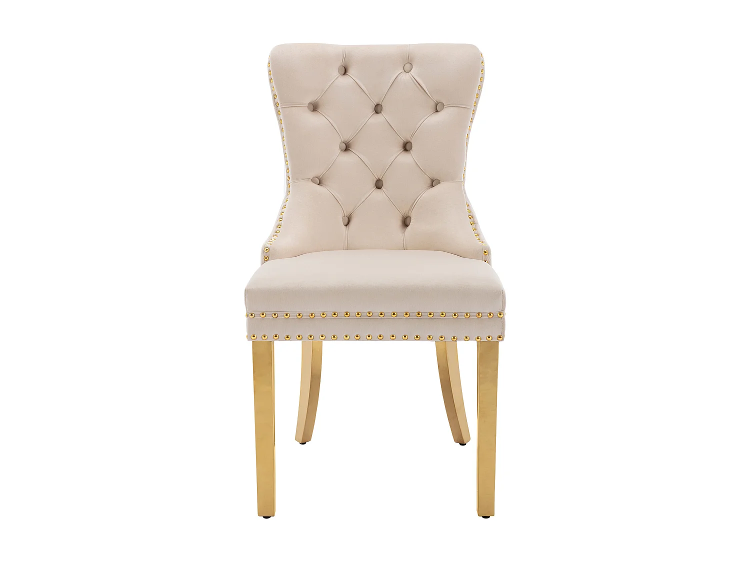 Ensemble de 6 chaises beige et or velours, dossier motif heurtoir et détails de clous. Pieds en acier plaqué or. Élégance contemporaine et confort.