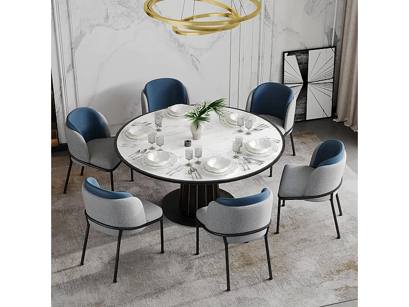 Juego de 6 sillas modernas, con pata inclinada y pies ajustables, gris+azul marino