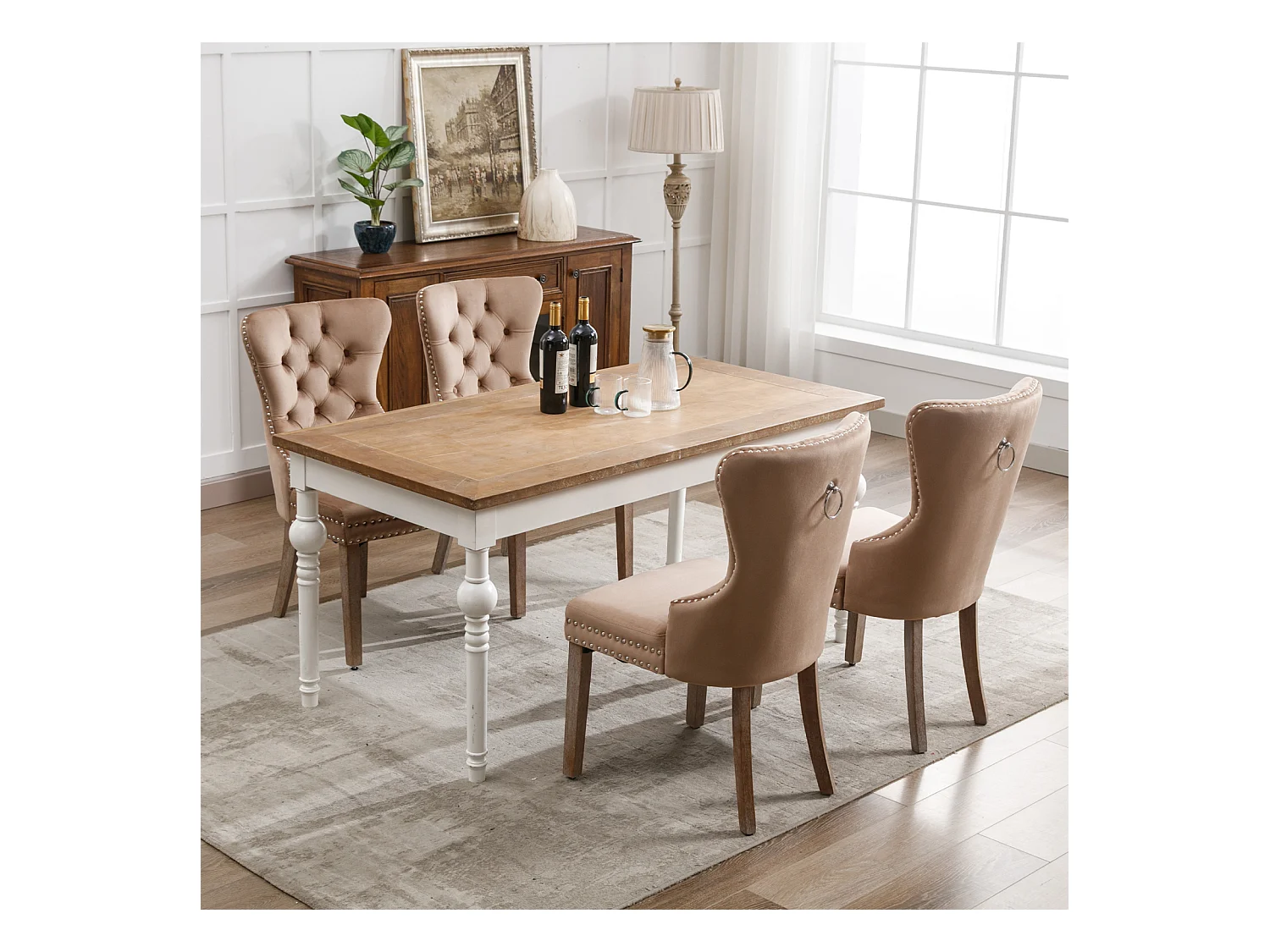 Eetkamerstoelset van 4, gestoffeerde stoel met spijkerkopafwerking, poten van massief hout, fluwelen bekleding, bruin, met deurklopperontwerp