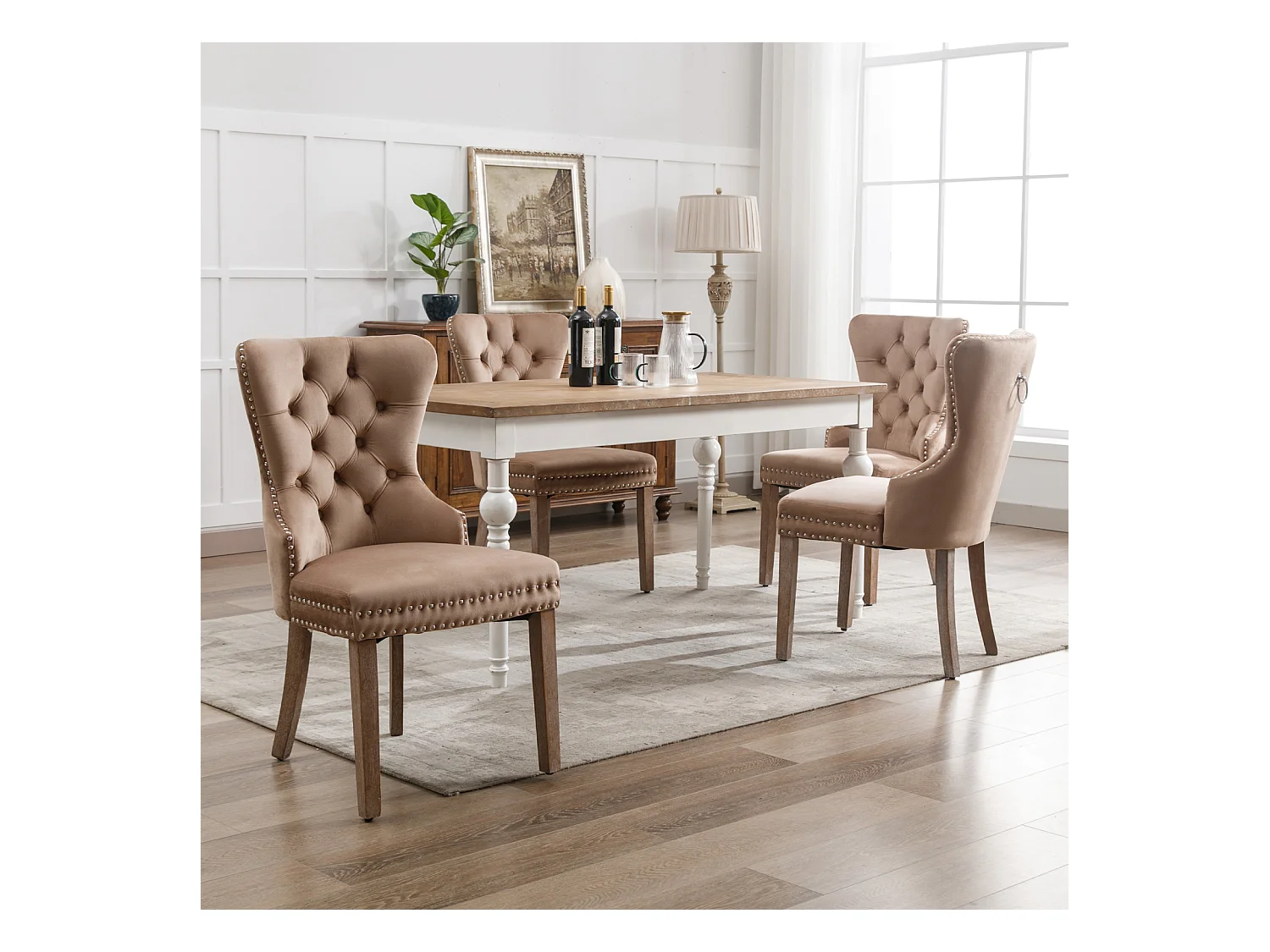 Eetkamerstoelset van 4, gestoffeerde stoel met spijkerkopafwerking, poten van massief hout, fluwelen bekleding, bruin, met deurklopperontwerp