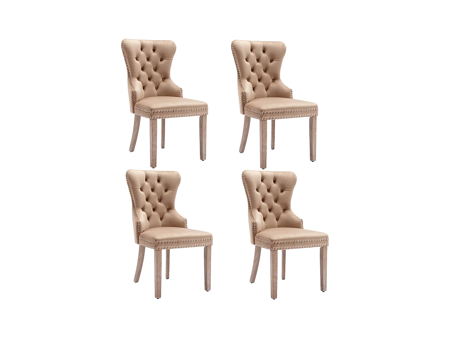 Eetkamerstoelset van 4, gestoffeerde stoel met spijkerkopafwerking, poten van massief hout, fluwelen bekleding, bruin, met deurklopperontwerp