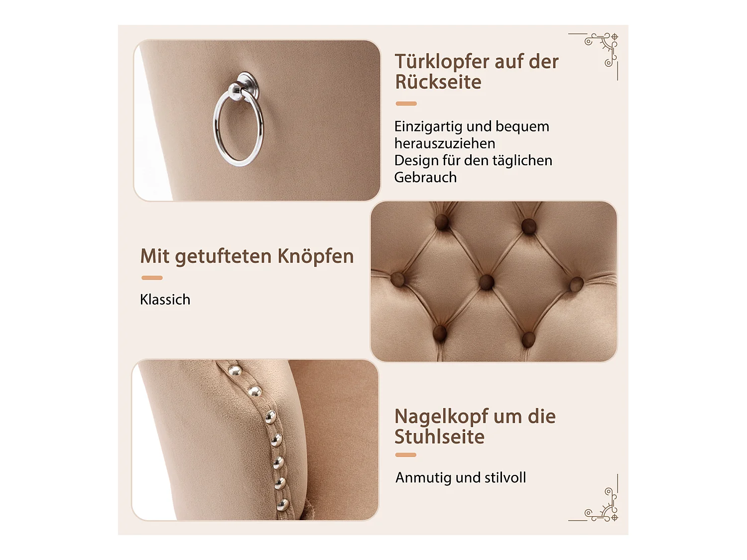 Eetkamerstoelset van 4, gestoffeerde stoel met spijkerkopafwerking, poten van massief hout, fluwelen bekleding, bruin, met deurklopperontwerp