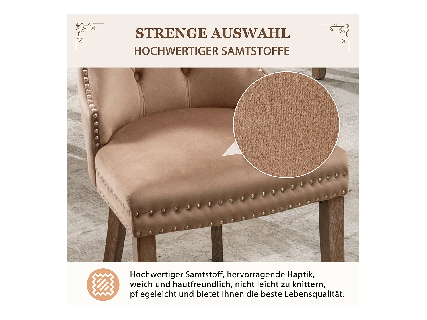 Eetkamerstoelset van 4, gestoffeerde stoel met spijkerkopafwerking, poten van massief hout, fluwelen bekleding, bruin, met deurklopperontwerp