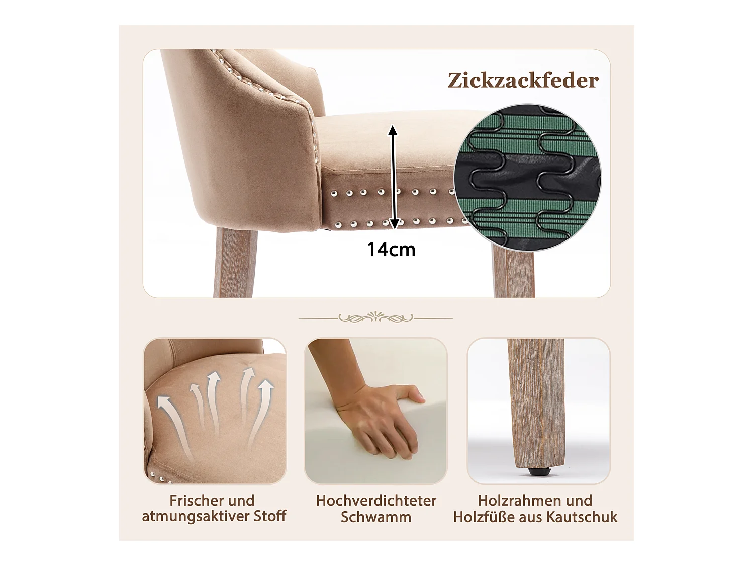 Eetkamerstoelset van 4, gestoffeerde stoel met spijkerkopafwerking, poten van massief hout, fluwelen bekleding, bruin, met deurklopperontwerp