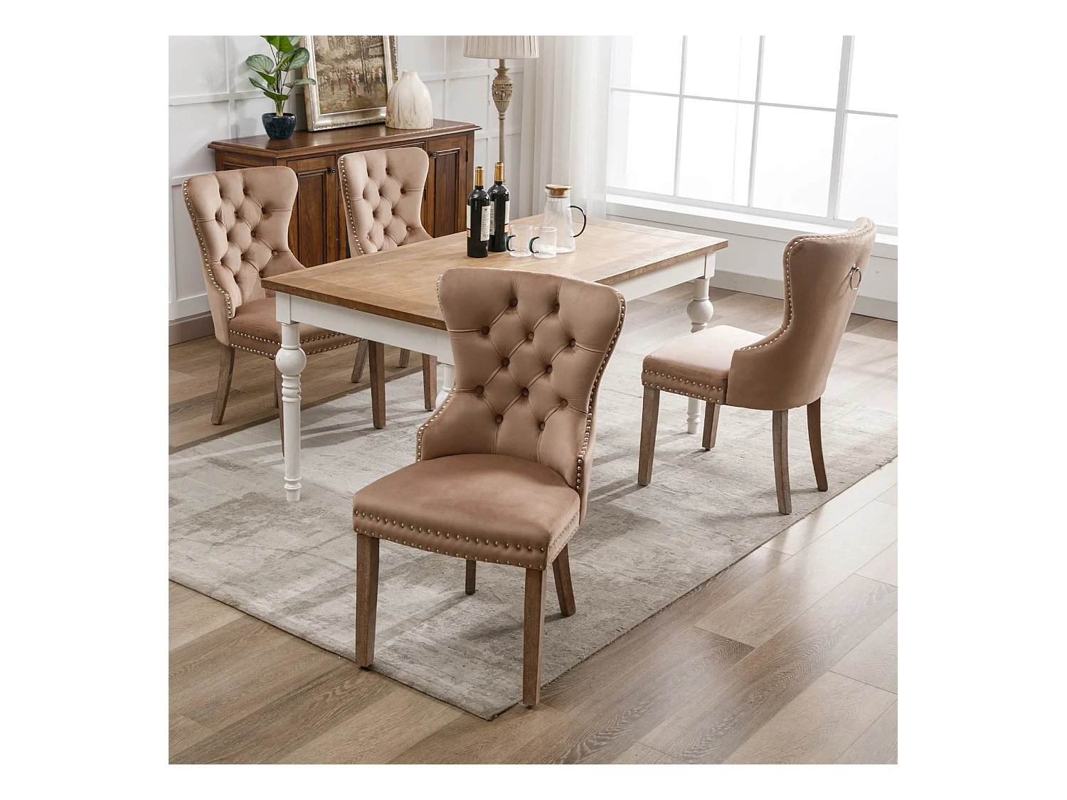 Eetkamerstoelset van 4, gestoffeerde stoel met spijkerkopafwerking, poten van massief hout, fluwelen bekleding, bruin, met deurklopperontwerp