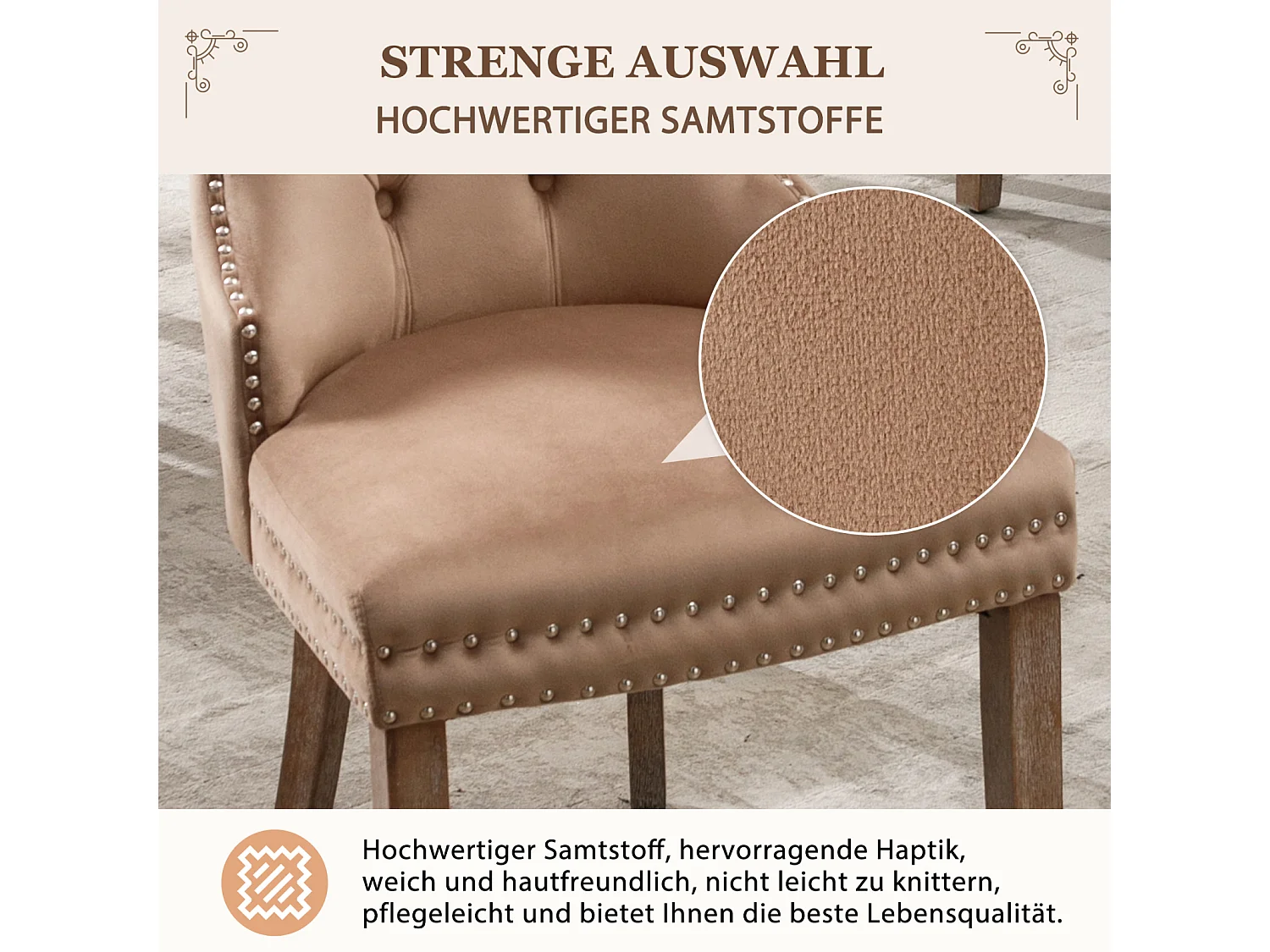 Eetkamerstoelset van 4, gestoffeerde stoel met spijkerkopafwerking, poten van massief hout, fluwelen bekleding, bruin, met deurklopperontwerp