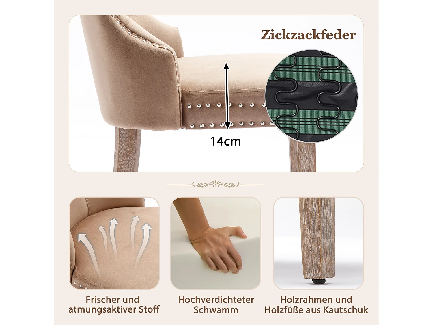 Eetkamerstoelset van 4, gestoffeerde stoel met spijkerkopafwerking, poten van massief hout, fluwelen bekleding, bruin, met deurklopperontwerp