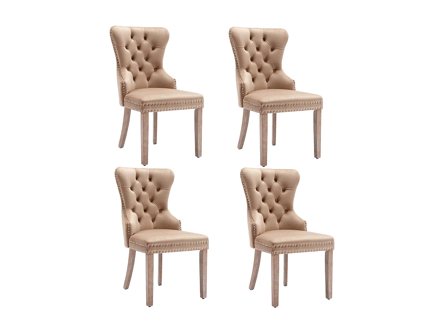 Conjunto de 4 cadeiras de jantar, cadeira estofada com acabamento em tachas, pernas de madeira maciça, capa de veludo, marrom, com design de aldrava