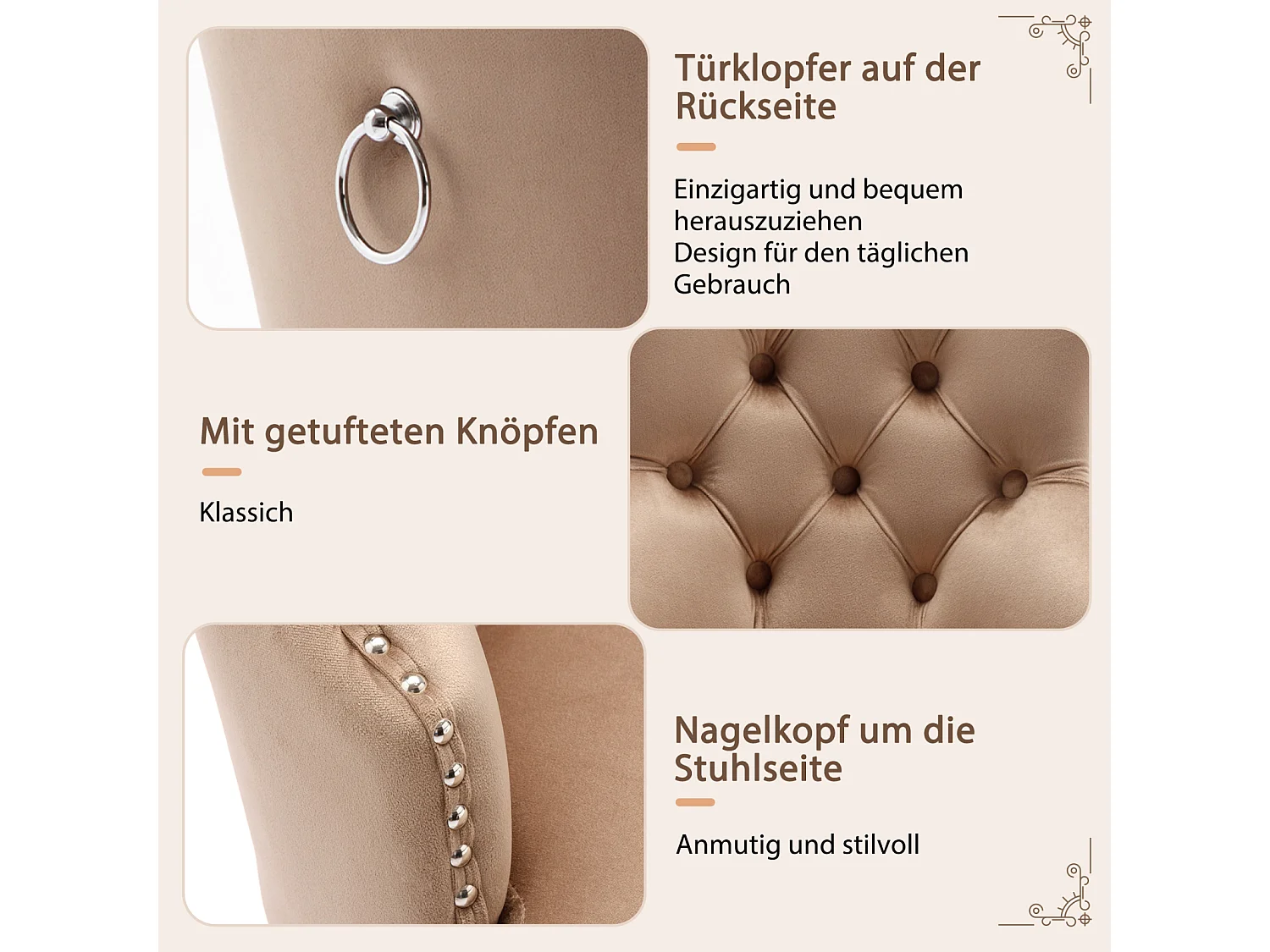 Conjunto de 4 cadeiras de jantar, cadeira estofada com acabamento em tachas, pernas de madeira maciça, capa de veludo, marrom, com design de aldrava