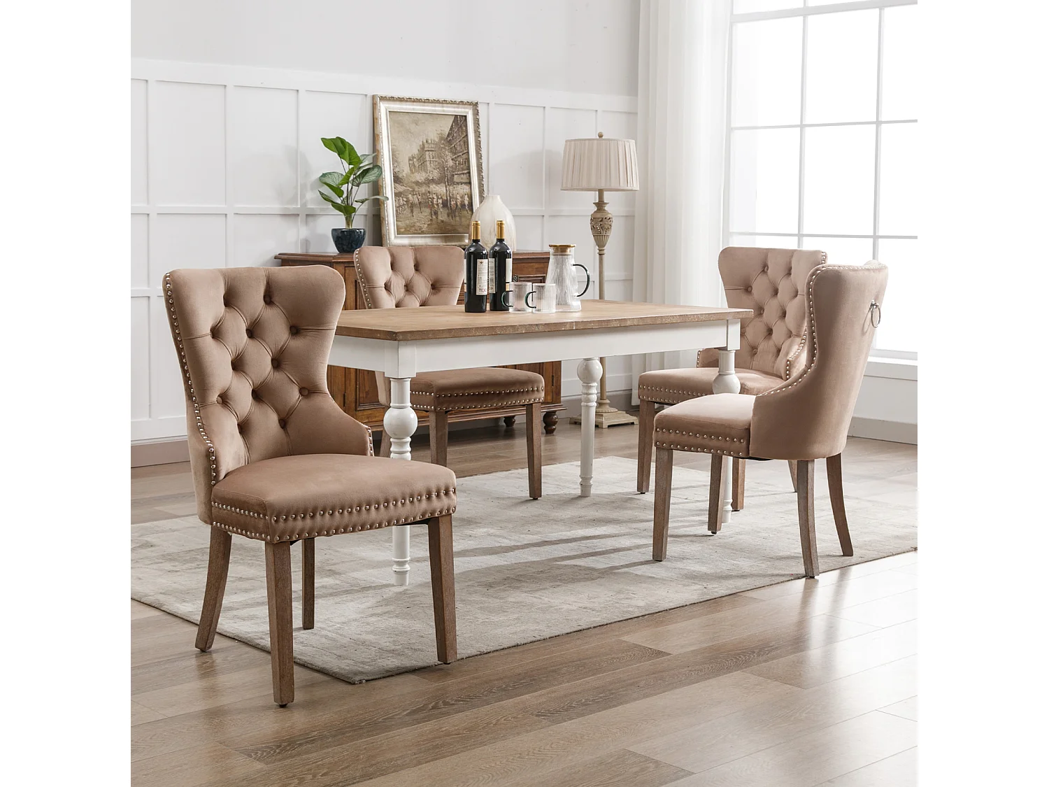 Set di 4 sedie da pranzo, sedia imbottita con finiture a borchie, gambe in legno massello, rivestimento in velluto, marrone, con design a batacchio
