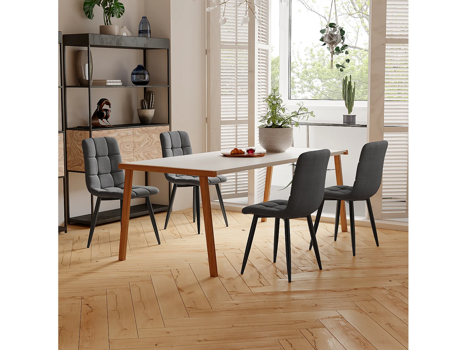 Conjunto de 4 cadeiras de jantar, cinza escuro, design de cadeira estofada com encosto, linho, estrutura de metal