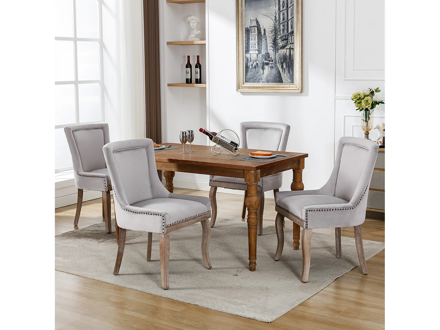 Ensemble de 4 chaises de salle à manger, chaise rembourrée avec garniture cloutée, pieds en bois massif, revêtement en velours, gris
