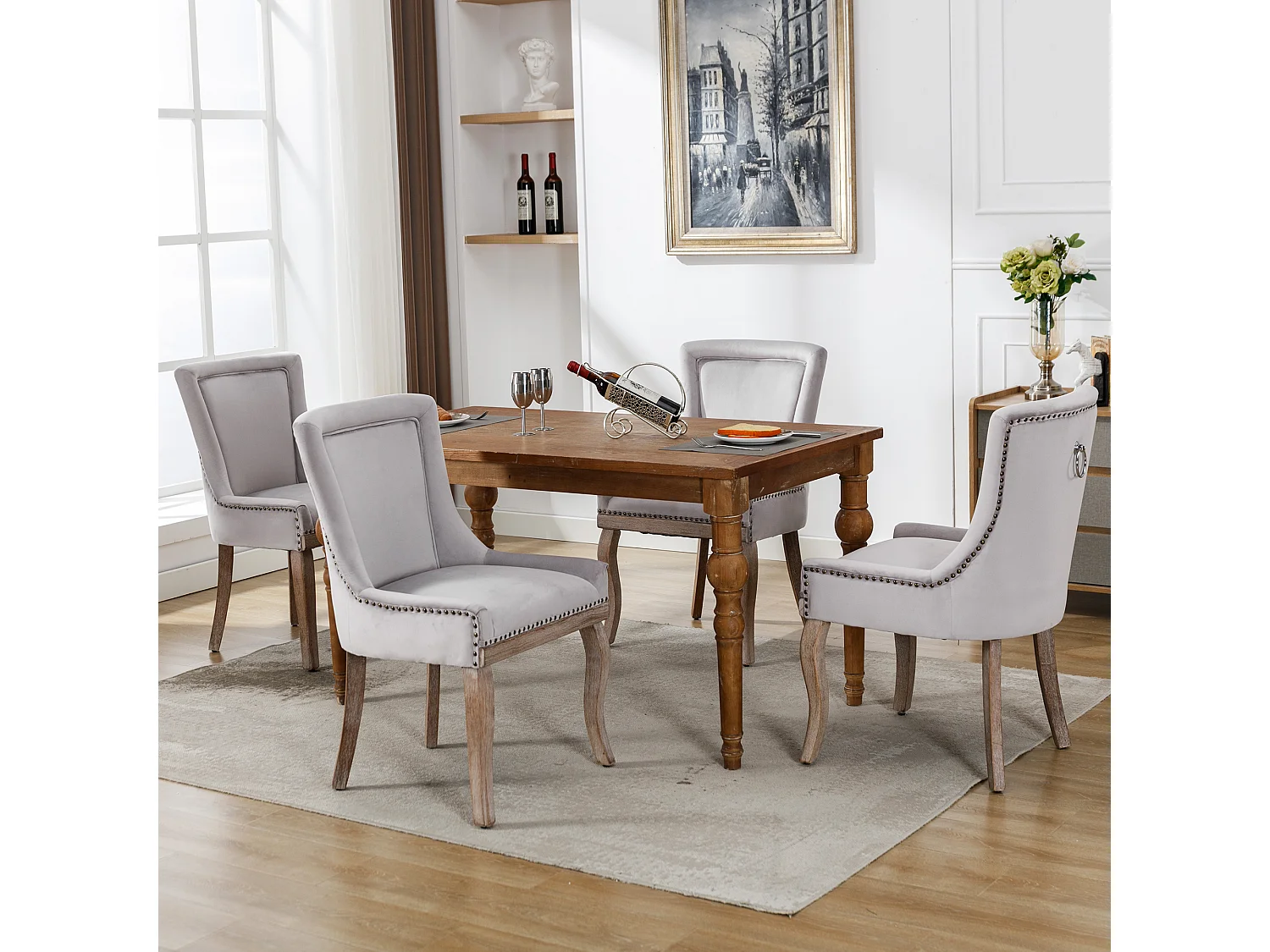 Ensemble de 4 chaises de salle à manger, chaise rembourrée avec garniture cloutée, pieds en bois massif, revêtement en velours, gris