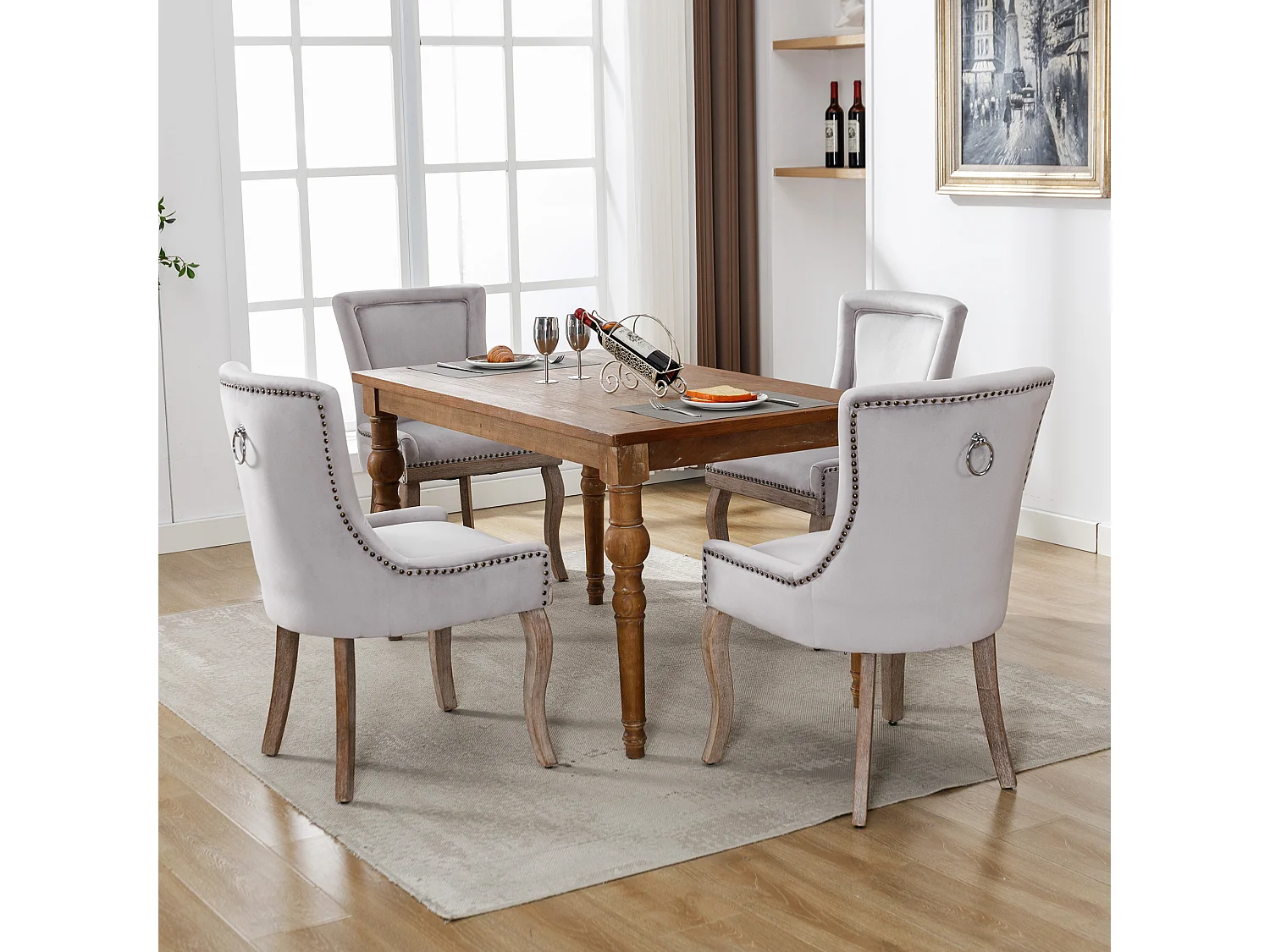 Ensemble de 4 chaises de salle à manger, chaise rembourrée avec garniture cloutée, pieds en bois massif, revêtement en velours, gris