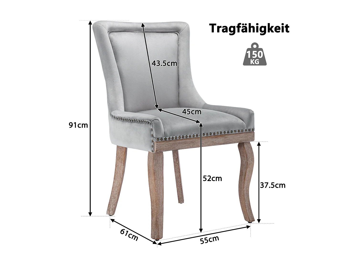 Ensemble de 4 chaises de salle à manger, chaise rembourrée avec garniture cloutée, pieds en bois massif, revêtement en velours, gris