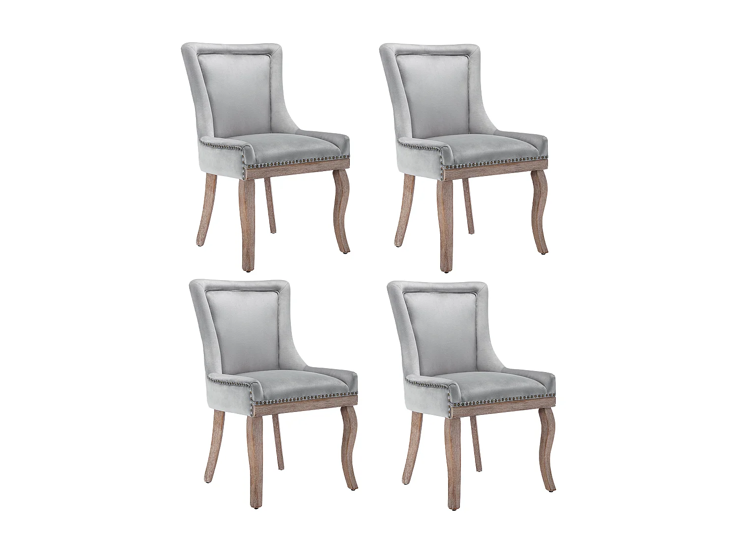 Ensemble de 4 chaises de salle à manger, chaise rembourrée avec garniture cloutée, pieds en bois massif, revêtement en velours, gris