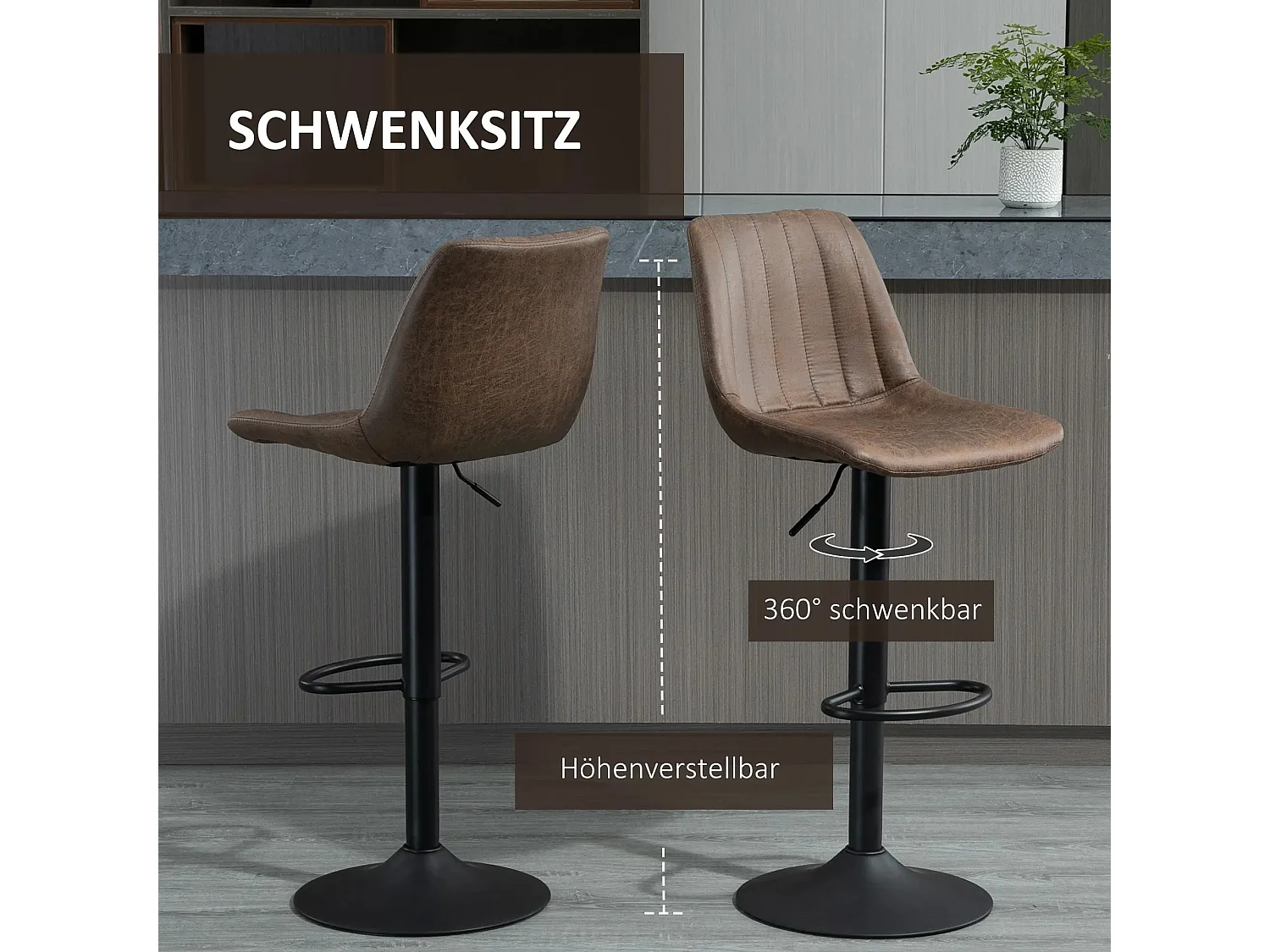 Lot de 2 tabourets de bar, tabouret de cuisine réglable en hauteur avec repose-pieds, chaise pivotante, polyester marron