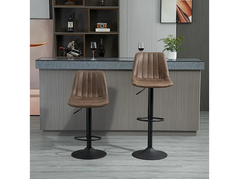 Lot de 2 tabourets de bar, tabouret de cuisine réglable en hauteur avec repose-pieds, chaise pivotante, polyester marron