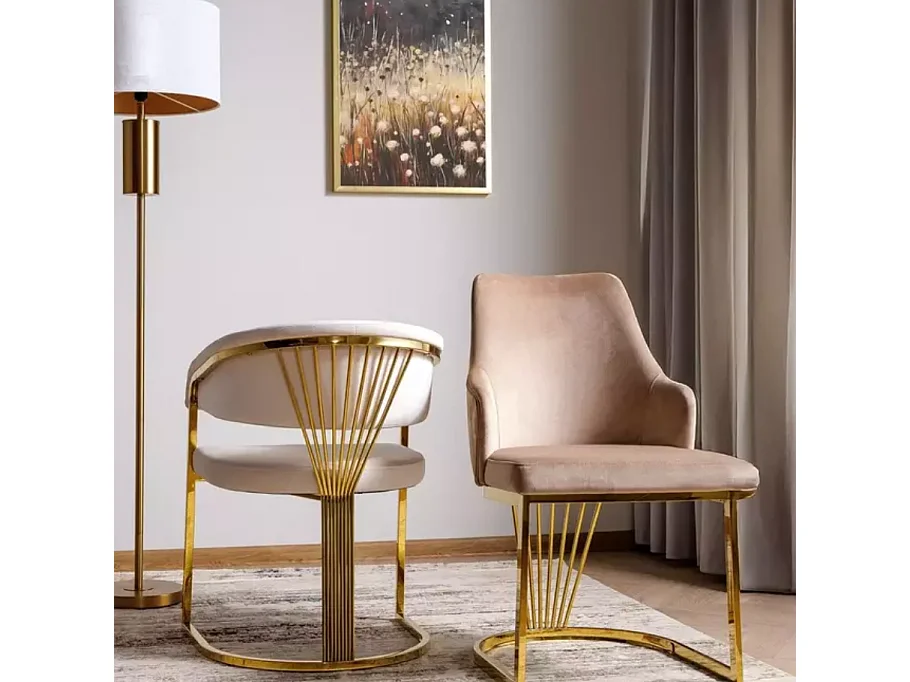Sedia di design con rivestimento in tessuto vellutato beige e base FARIN oro