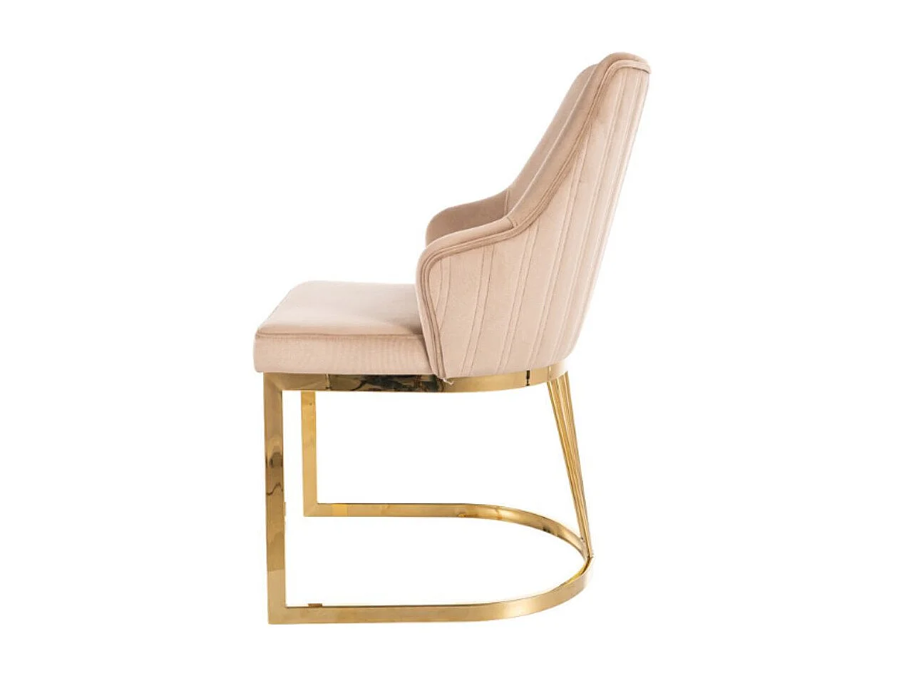 Sedia di design con rivestimento in tessuto vellutato beige e base FARIN oro