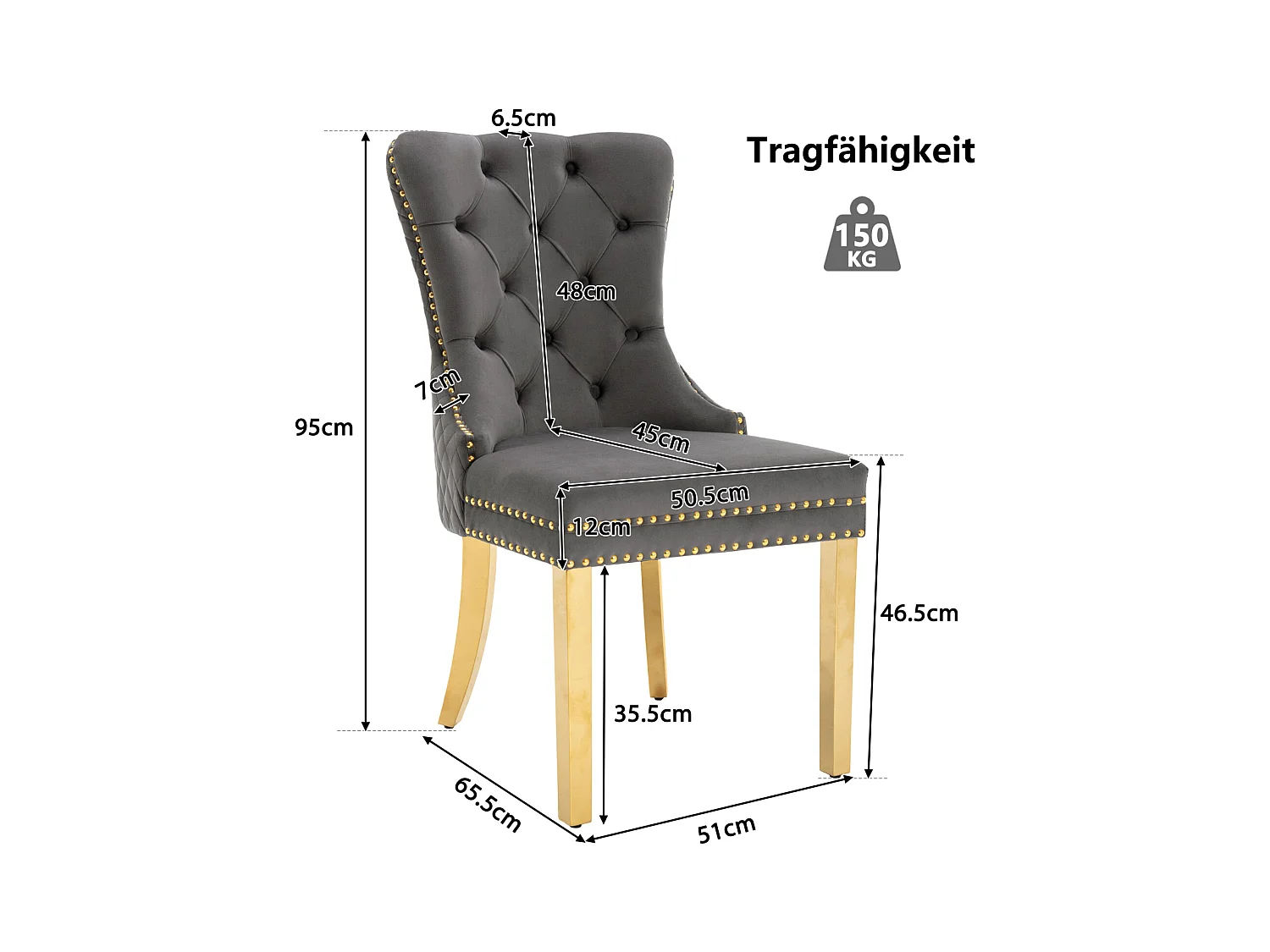 Conjunto de 6 cadeiras cinza/dourado em veludo, encosto com argolas e tachas decorativas. Assento estofado, pernas em aço dourado. Luxo moderno e conforto.