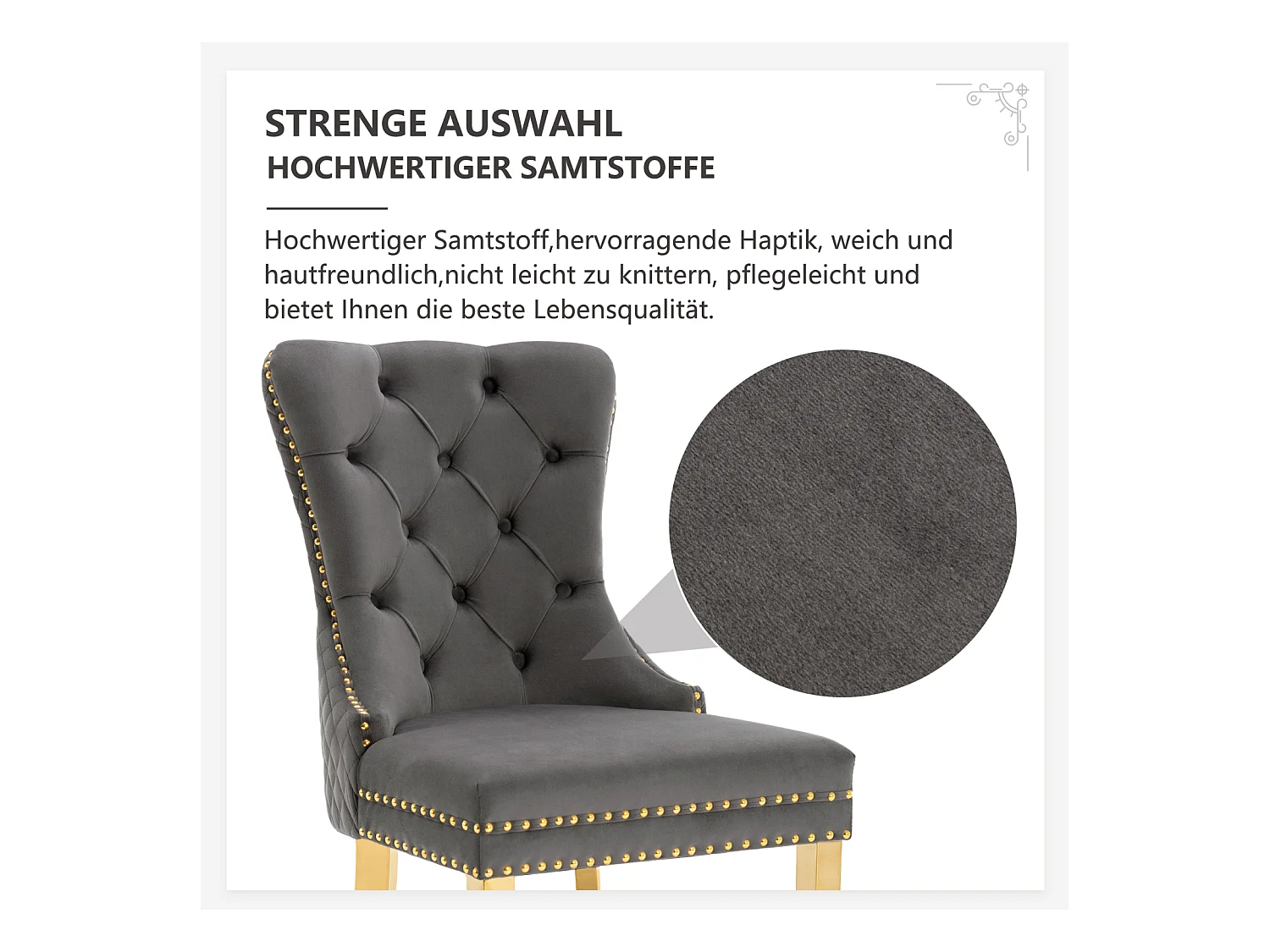 Conjunto de 6 cadeiras cinza/dourado em veludo, encosto com argolas e tachas decorativas. Assento estofado, pernas em aço dourado. Luxo moderno e conforto.