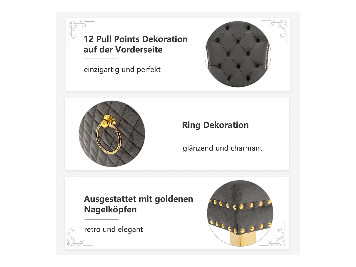 Conjunto de 6 cadeiras cinza/dourado em veludo, encosto com argolas e tachas decorativas. Assento estofado, pernas em aço dourado. Luxo moderno e conforto.