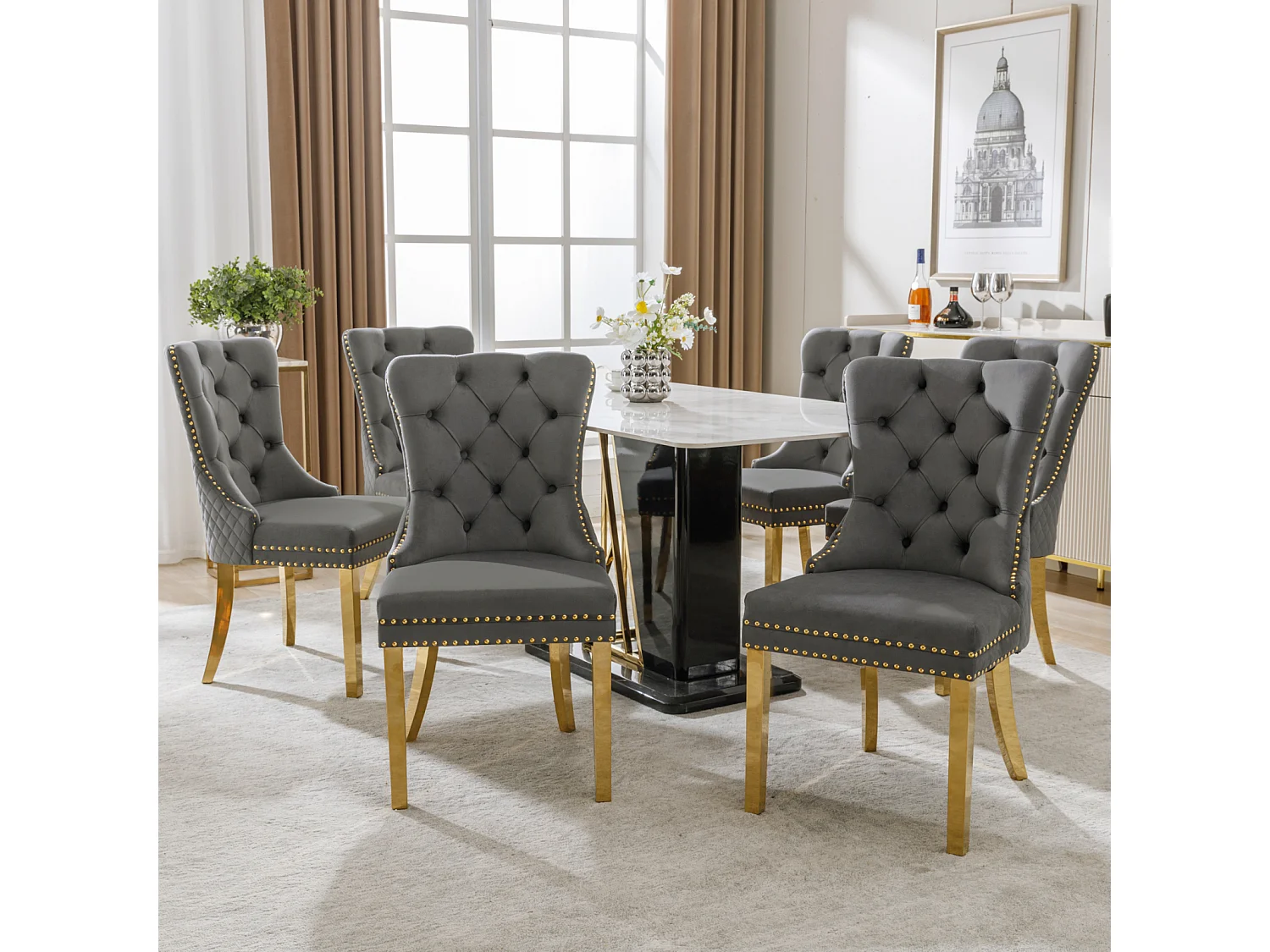 Eetkamerstoelset van 6, gestoffeerde stoel met spijkerkopafwerking, poten van verguld roestvrij staal, fluwelen bekleding, grijs/goud, met ronde trekringen