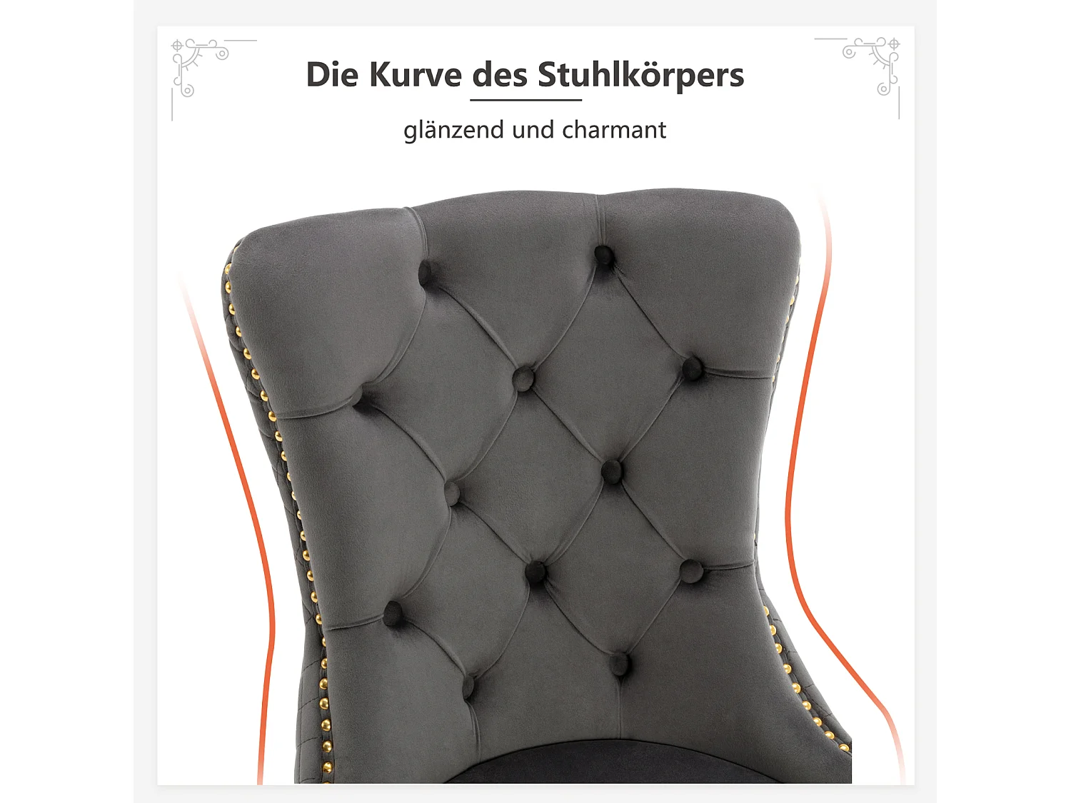 Eetkamerstoelset van 6, gestoffeerde stoel met spijkerkopafwerking, poten van verguld roestvrij staal, fluwelen bekleding, grijs/goud, met ronde trekringen