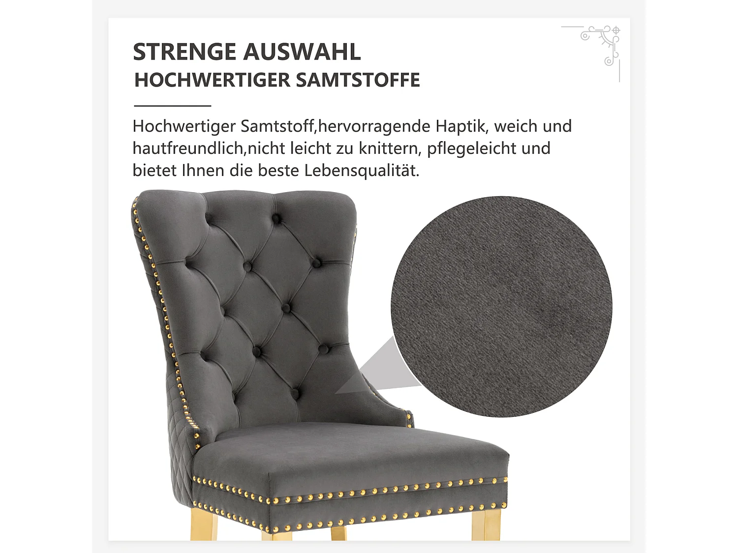 Eetkamerstoelset van 6, gestoffeerde stoel met spijkerkopafwerking, poten van verguld roestvrij staal, fluwelen bekleding, grijs/goud, met ronde trekringen