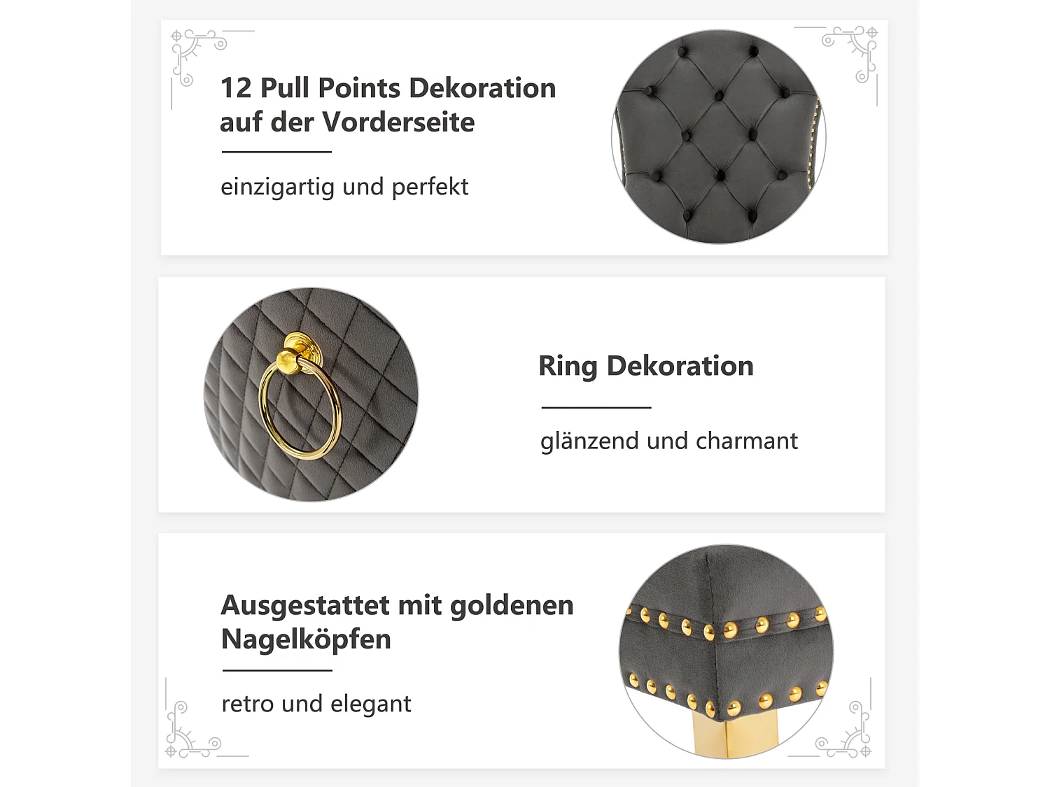 Eetkamerstoelset van 6, gestoffeerde stoel met spijkerkopafwerking, poten van verguld roestvrij staal, fluwelen bekleding, grijs/goud, met ronde trekringen