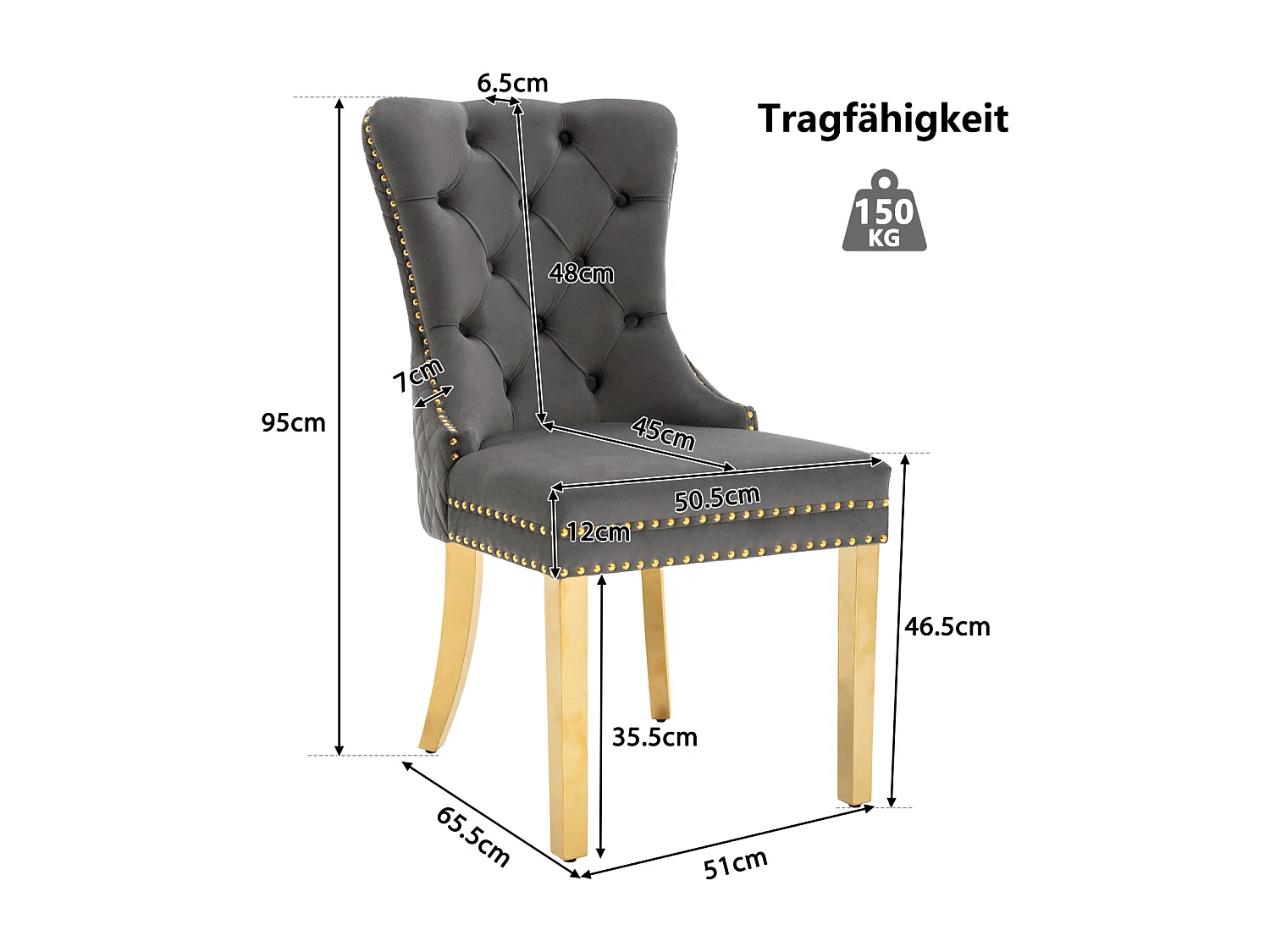 Ensemble de 6 chaises gris et or velours, dossier à anneaux et cloutage décoratif. Siège rembourré, pieds en acier plaqué or. Luxe moderne et confort.