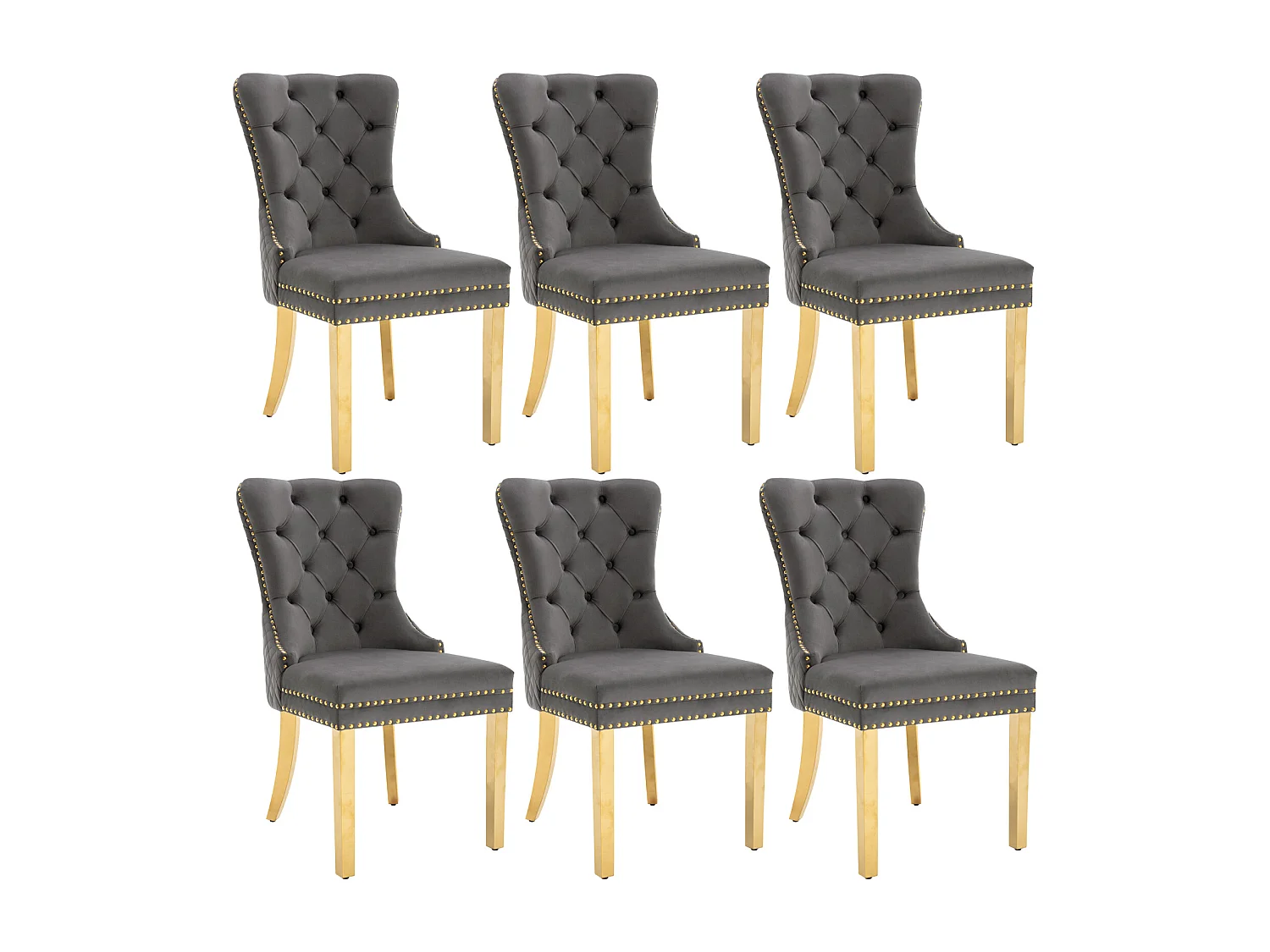 Ensemble de 6 chaises gris et or velours, dossier à anneaux et cloutage décoratif. Siège rembourré, pieds en acier plaqué or. Luxe moderne et confort.