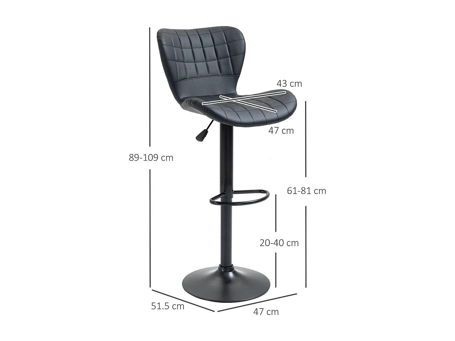 Barkruk set van 2, retro design, in hoogte verstelbaar, 360° draaibaar, zwart leer