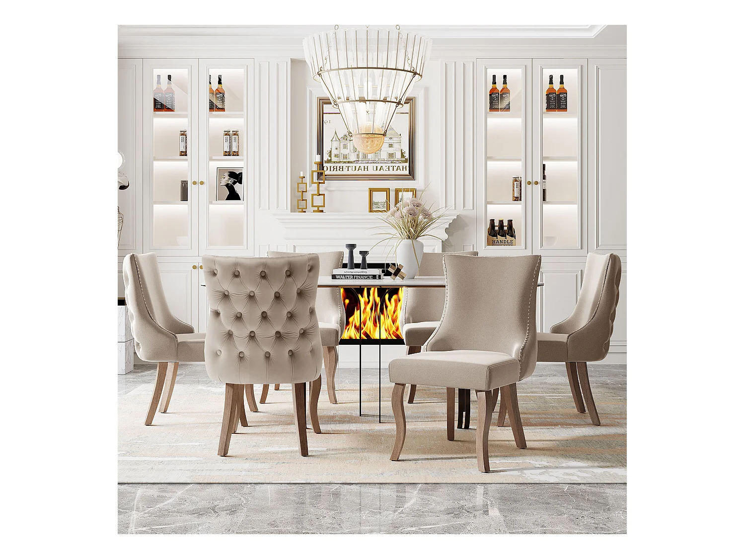 Set di 6 sedie da pranzo, sedia imbottita con finiture a borchie, rivestimento in velluto, gambe curve in legno massello, beige, con cuciture a bottone