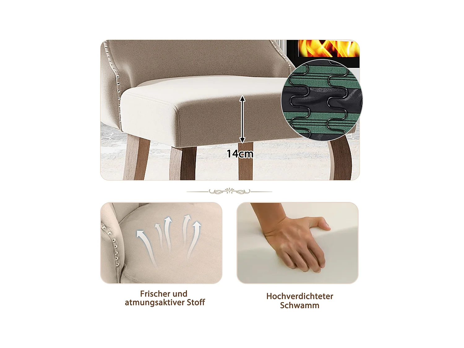 Set di 6 sedie da pranzo, sedia imbottita con finiture a borchie, rivestimento in velluto, gambe curve in legno massello, beige, con cuciture a bottone