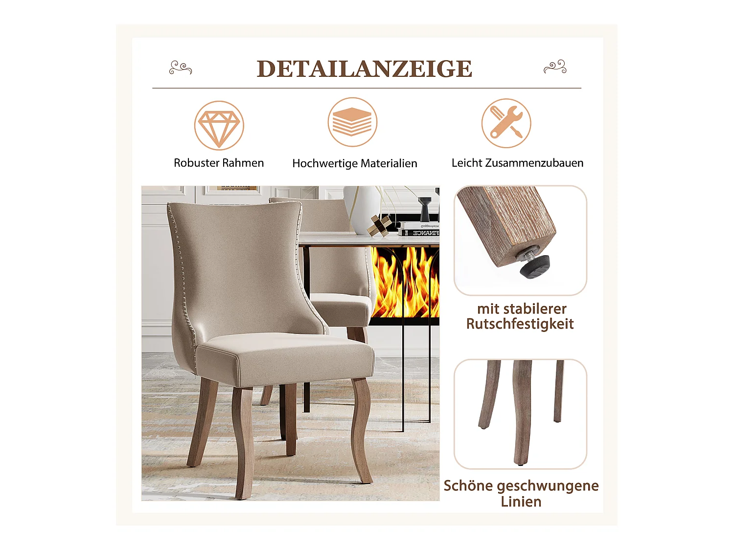 Set di 6 sedie da pranzo, sedia imbottita con finiture a borchie, rivestimento in velluto, gambe curve in legno massello, beige, con cuciture a bottone