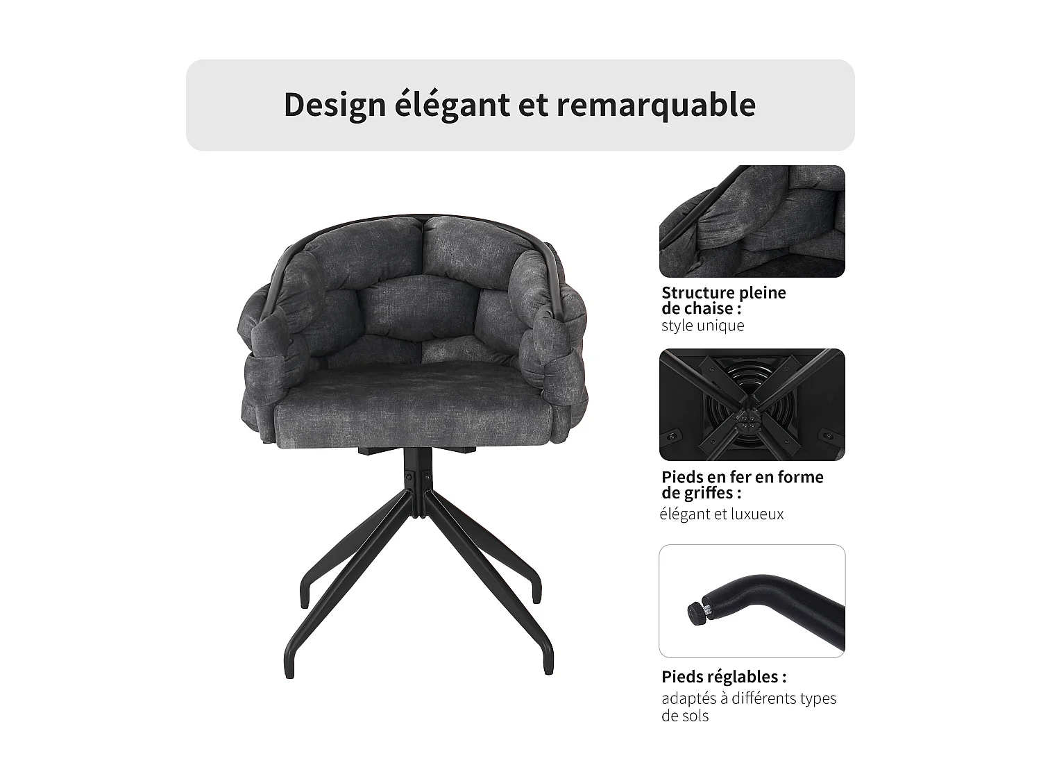 Chaises de salle à manger en velours de luxe, lot de 2, chaise pivotante, rotative à 360°, chaises de salle à manger avec dossier, gris
