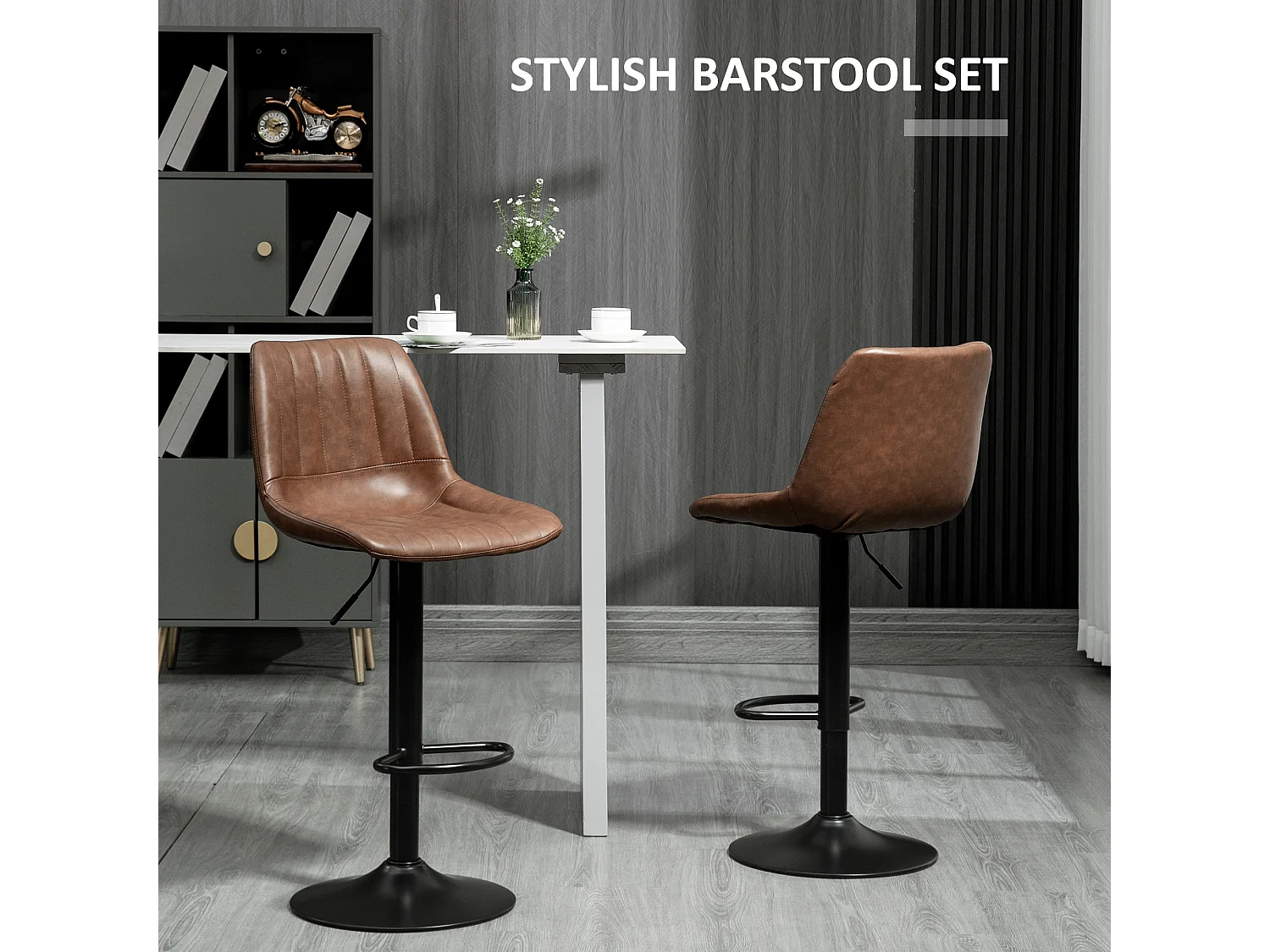 Barkruk set van 2, in hoogte verstelbare barkrukken, kunstleer, bistrokruk met voetring, staal, bruin