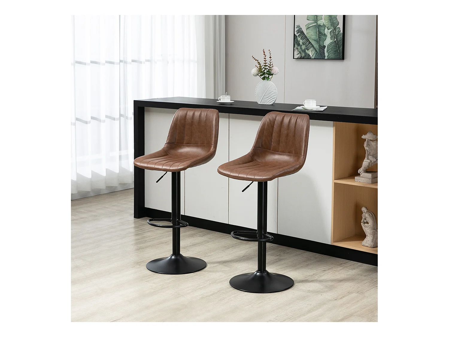 Lot de 2 tabourets de bar réglables en hauteur, similicuir, tabouret de bistrot avec repose-pieds, acier, marron