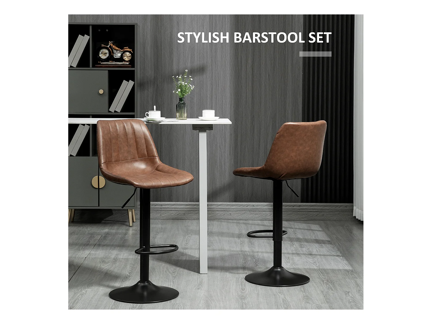 Barhocker 2er-Set, Höhenverstellbare Tresenhocker, Kunstleder, Bistrohocker mit Fußring, Stahl, Braun