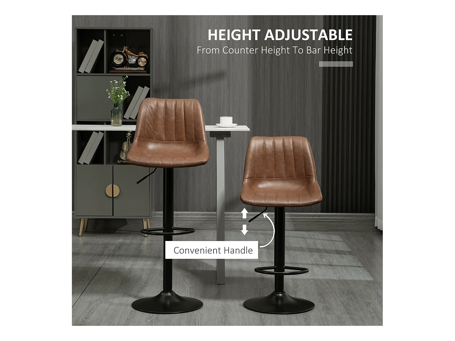 Barhocker 2er-Set, Höhenverstellbare Tresenhocker, Kunstleder, Bistrohocker mit Fußring, Stahl, Braun
