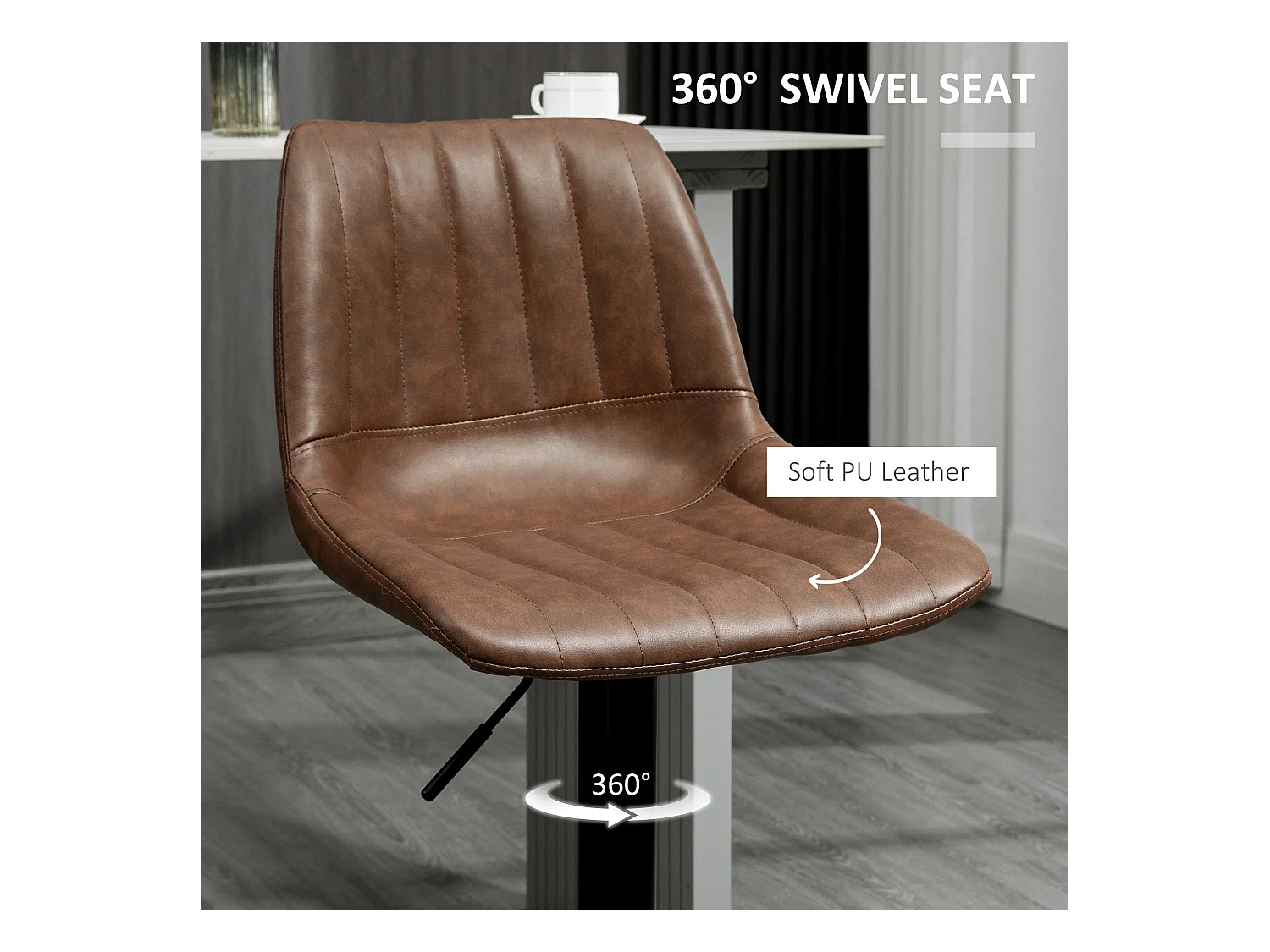 Barhocker 2er-Set, Höhenverstellbare Tresenhocker, Kunstleder, Bistrohocker mit Fußring, Stahl, Braun