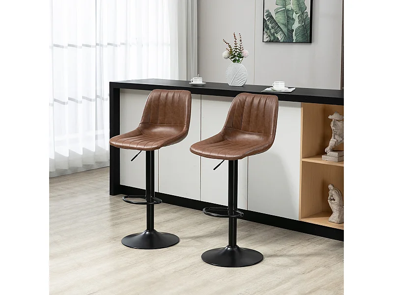 Barhocker 2er-Set, Höhenverstellbare Tresenhocker, Kunstleder, Bistrohocker mit Fußring, Stahl, Braun