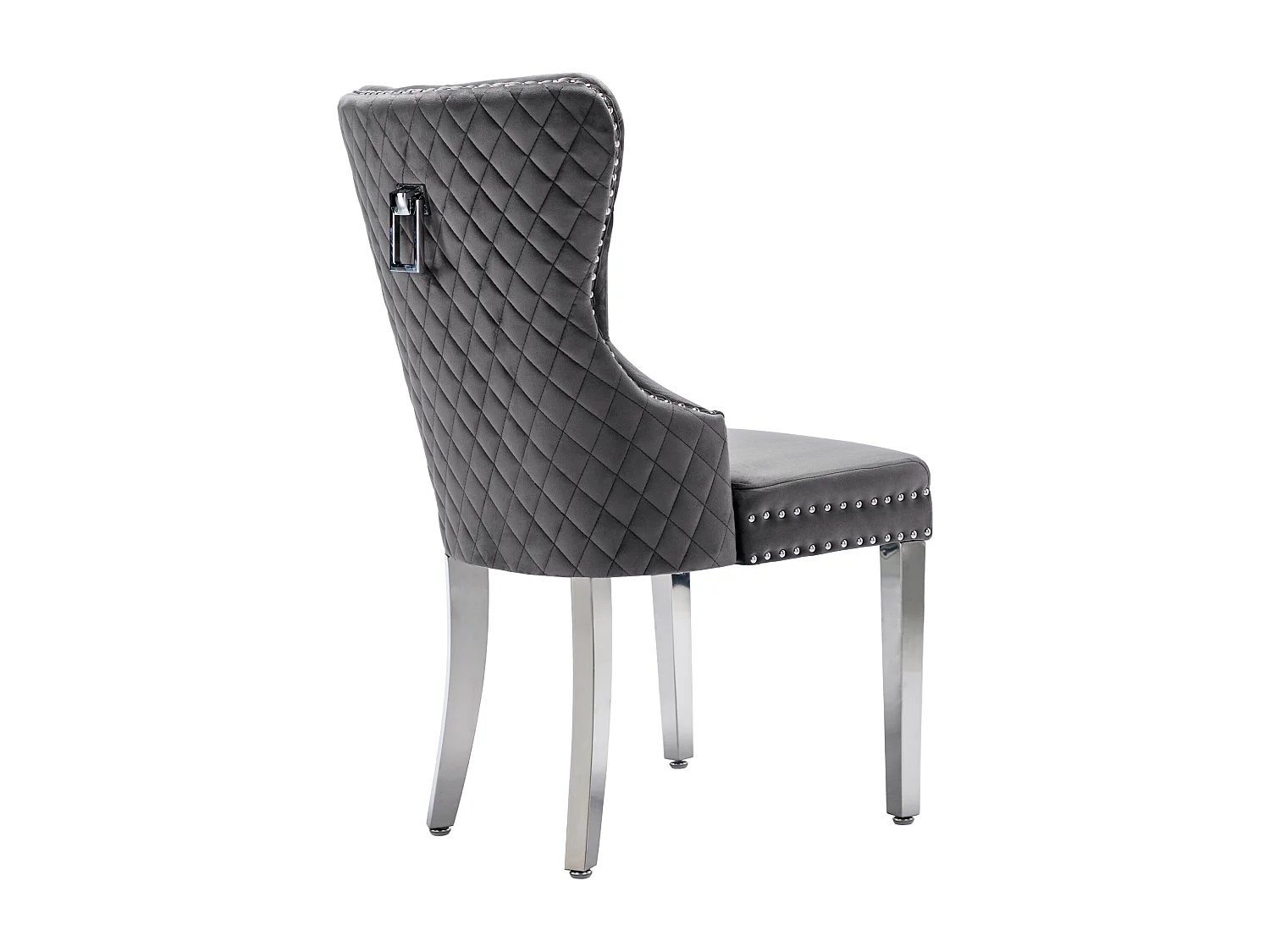 Ensemble de 2 chaises gris velours, dossier motif heurtoir et garniture cloutée. Siège rembourré, pieds métal. Style rétro et confortable.