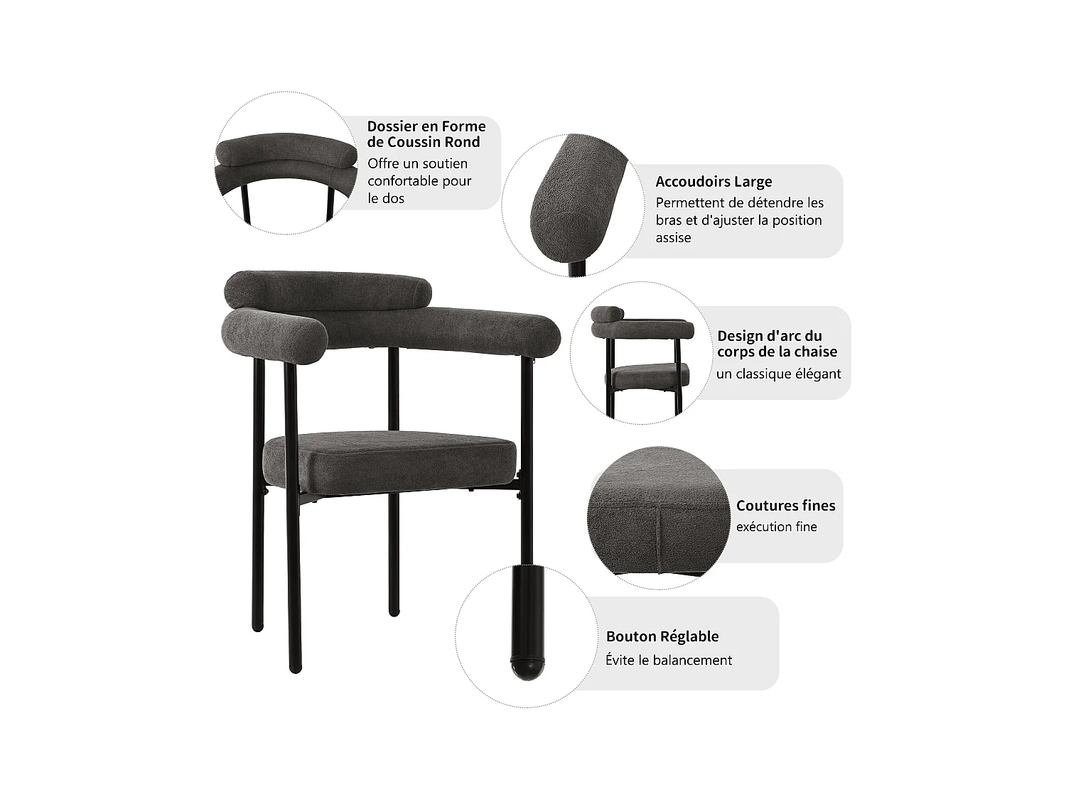 Esszimmerstühle 6er-Set, moderne Wildlederoptik-Esszimerstühle, dunkelgrau, bequeme Ringsitze