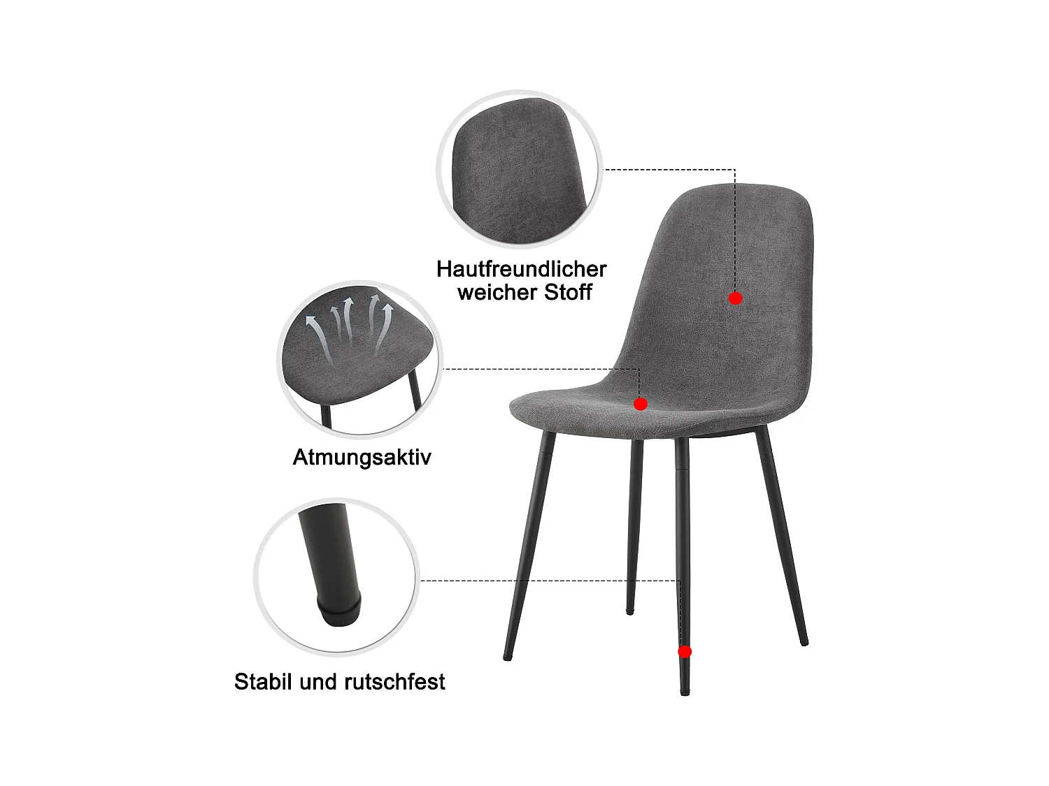 Esszimmerstuhl 4er-Set, Scandinavian Vintage Künstlich Wildledersitz, Stahlbeinen, grau