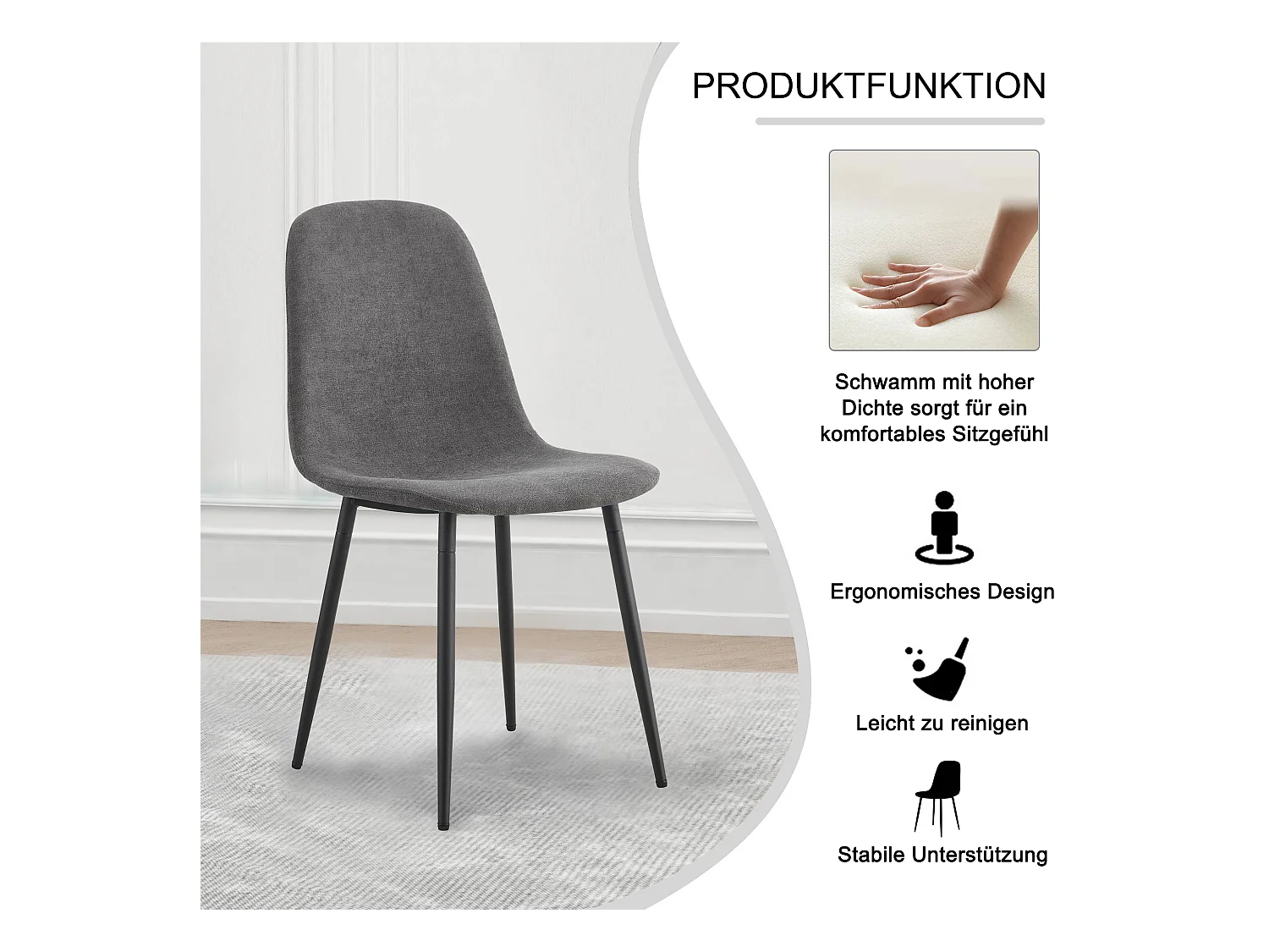 Esszimmerstuhl 4er-Set, Scandinavian Vintage Künstlich Wildledersitz, Stahlbeinen, grau