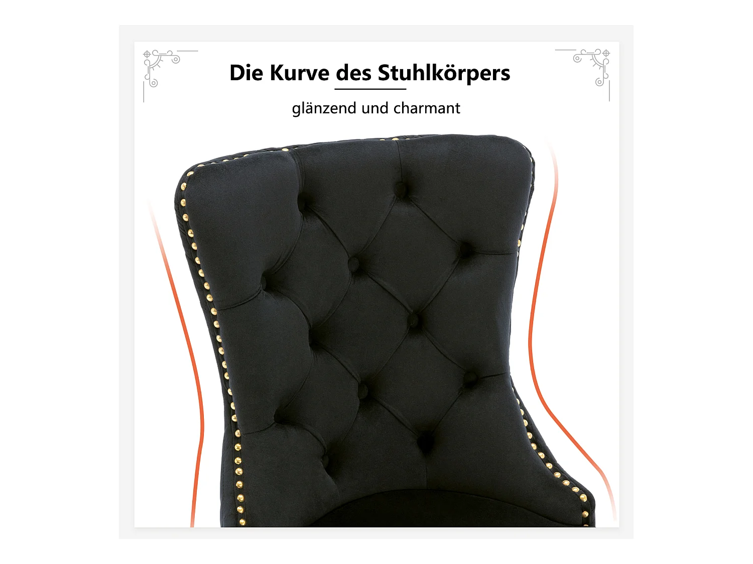 Esszimmerstuhl 4er-Set, Polsterstuhl mit Nagelkopfbesatz, Stützbeine aus vergoldetem Edelstahl, Samt, Schwarz/Gold, mit Runde Zugringe