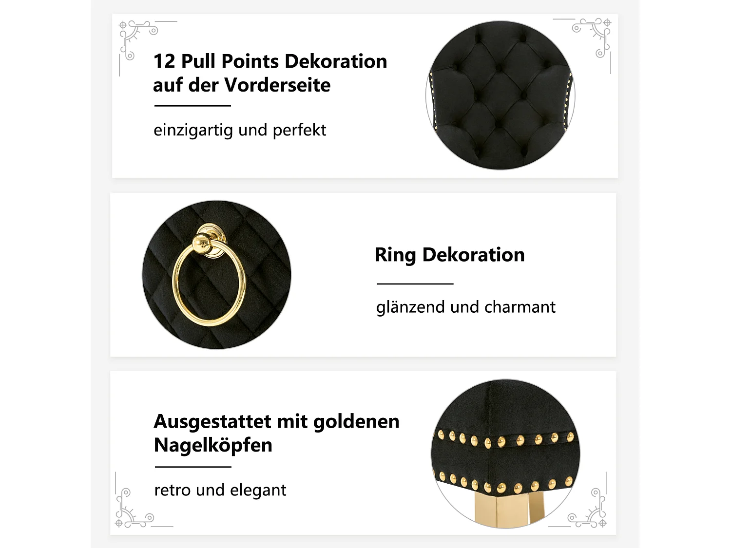 Eetkamerstoelset van 4, gestoffeerde stoel met spijkerkopafwerking, steunpoten van verguld roestvrij staal, fluweel, zwart/goud, met ronde trekringen